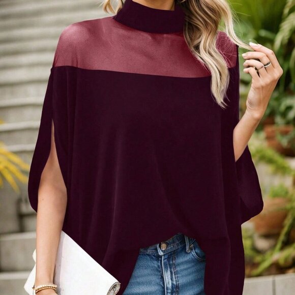 Burgundy Casual Women's Stand Collar Mesh Hollow Blouse - Picture 2 of 6